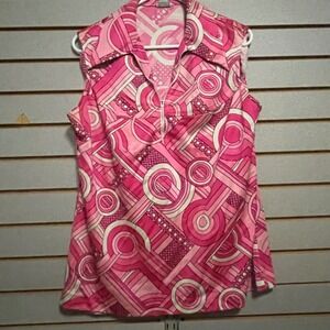 Vintage Pykettes Pink Geometric Psychedelic Mod Zip Front Sleeveless Top 70s
